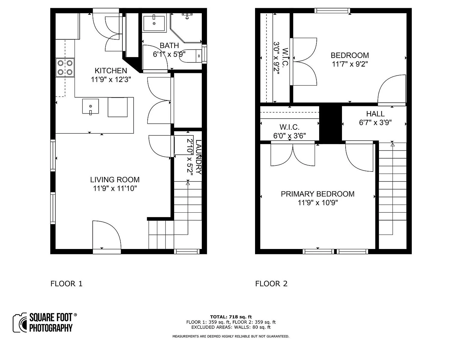 Floor plan of a two-bedroom, one-bath home at 20 Tate Lane showing kitchen, living room, bath and laundry downstairs and two bedrooms with walk-in closets upstairs
