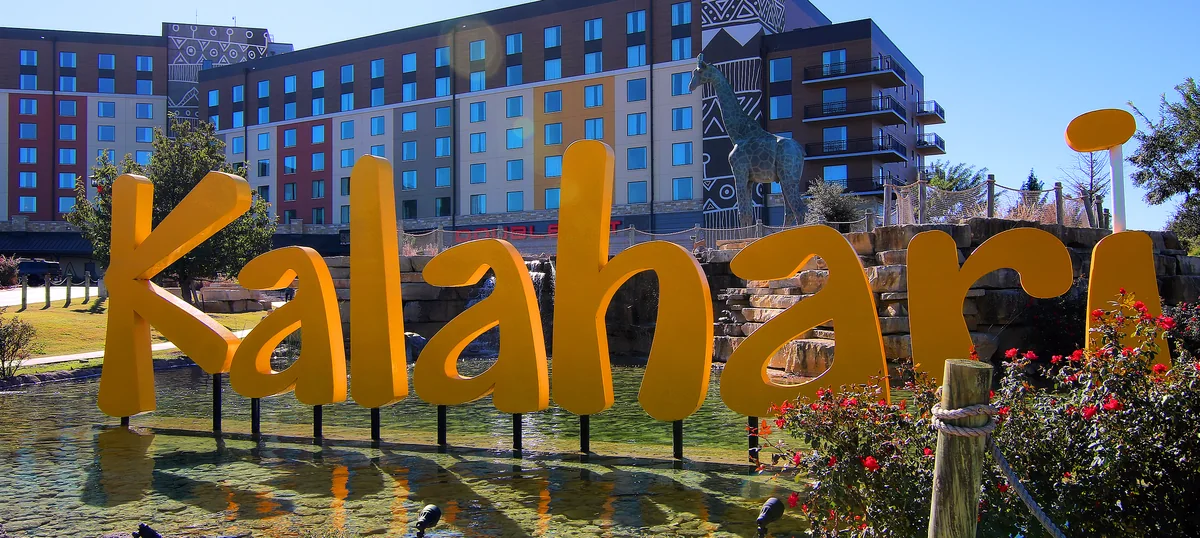 The Kalahari Resorts building in Round Rock, Texas, behind the giant Kalahari letters