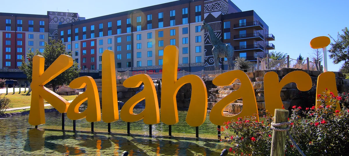 The Kalahari Resorts sign and hotel block in Round Rock, Texas