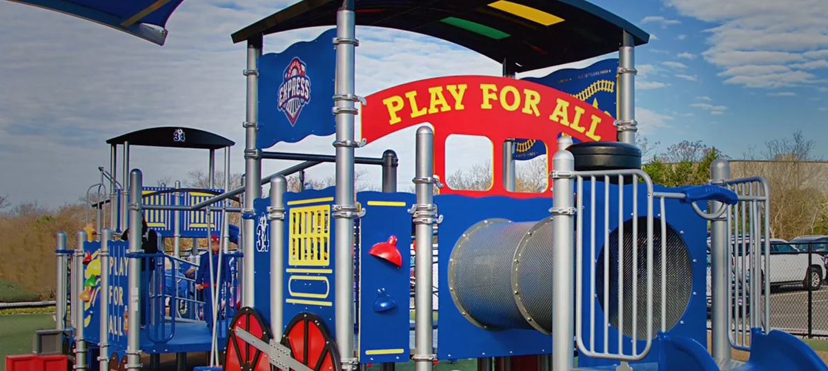 The Play for All Abilities Park play structure in Round Rock, with PLAY FOR ALL lettering across it